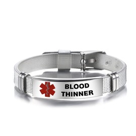 TGLS Red Medical Alert ID Blood Thinner Bracelet for Women Men's Emergency First Aid Health Alert Stainless Steel Plate Adjustable PVC Band Bracelets