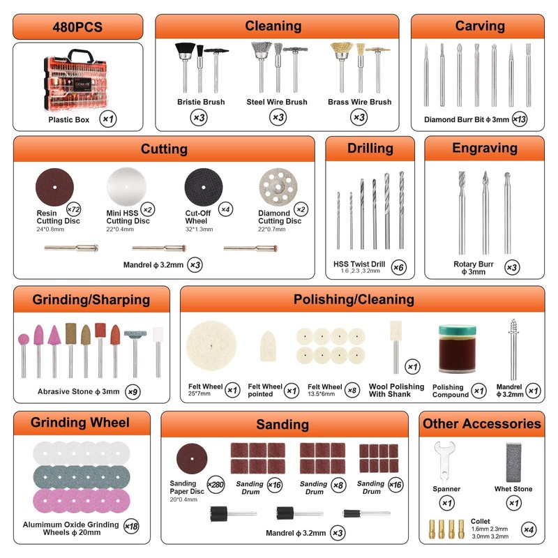 480Pcs Rotary Tool Accessories Kit, GOXAWEE 1/8 inch Shank Rotary