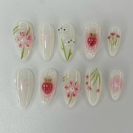 MouyouGlow 30 Pieces Press on Nails Kurz,Almond Osterhasen 3D Blumen Floral Hase Erdbeeren Design Sterne Y2K Fake Nails mit Nagelkleber,Ostern Flowers Sweet Sommer INS Künstliche Fingernägel