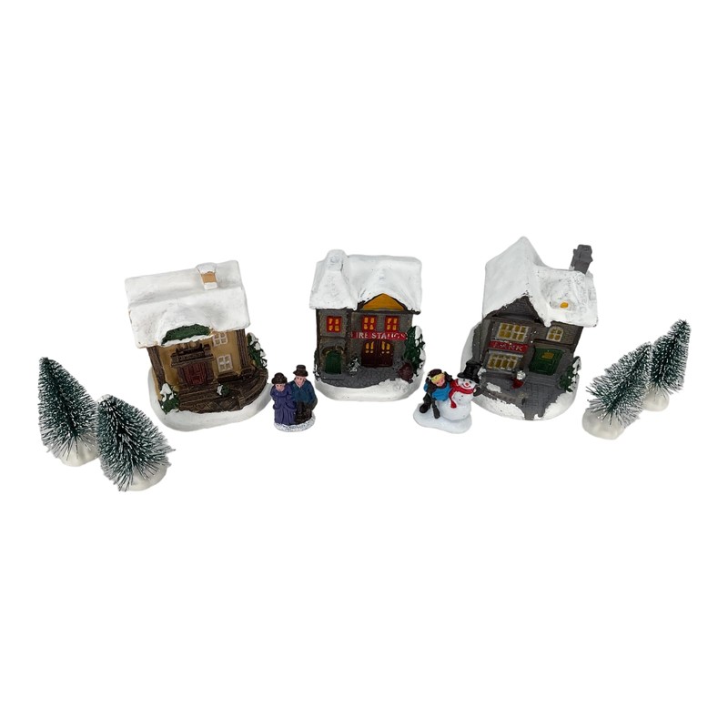 10 Piece Lighted Christmas Holiday Miniature Village with Shops Figurine