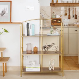 Crofy No Assembly Folding Bookshelf for Living Room, 3 Tier Gold Collapsible Book Shelf for Home Office, Portable Bookcase Storage Organizer