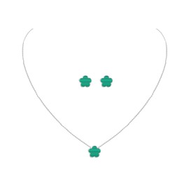 JIEMUCHU Gold Plated Stainless Steel Flower Necklace and Stud Jewelry Set for Women (Malachite-White Gold Plated)