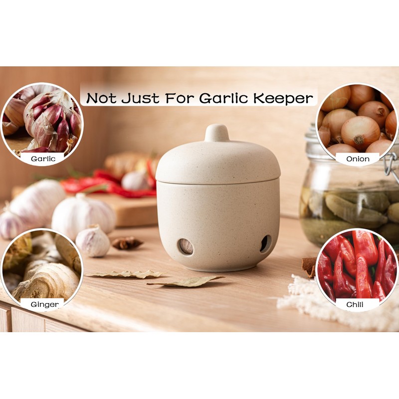 Ceramic Garlic Keeper,Garlic Storage with Lid,Garlic Holder,Beige,Small