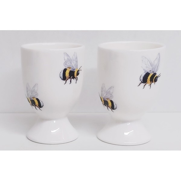 Bees Egg Cups Set of 2 Fine Bone China Bumblebee Hand Decorated in UK