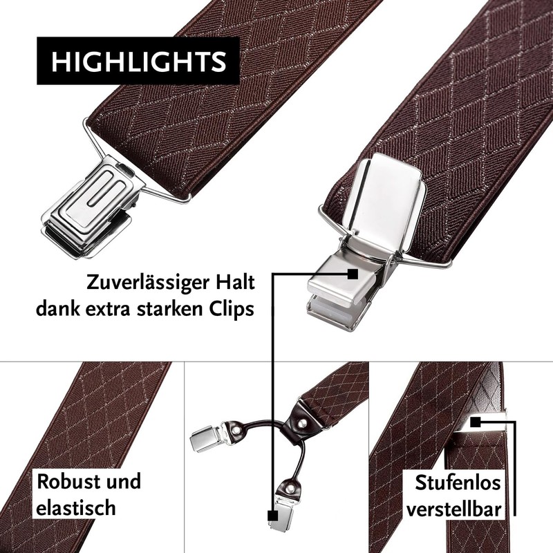 DonDon Men's Braces Extra Strong 3.5 cm Wide with 4