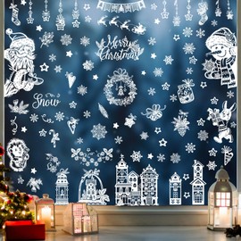 GeeRic Christmas Window Clings, Double Sided Christmas Window Clings Christmas Window Decorations No-Adhesive Xmas Cling Decals Santa Claus Reindeer Stickers Party Supplies