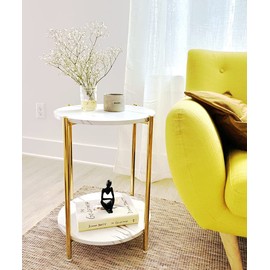Gold End Table Faux Marble Side Table Small Round Nightstand for Living Room or Bedroom Modern Accent Table with Gold Metal Frame, Gold