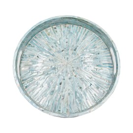 PEMAR 12.6” Mother of Pearls Lacquer Inlaid Round Serving Tray with Handles, Round Coffee Table Tray Decorative, Nacred Wooden Ottoman Trays, Decorative Platter Basket Trays (Teal Sunlight)