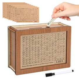 Wooden Money Box with Numbers Checks, Piggy Bank with Counter, Reusable Money Box with Target €500 €1,000 €2,000 €3,000 €5,000 €10,000 and Pen for Children and Adults