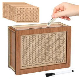 Wooden Money Box with Numbers Checks, Piggy Bank with Counter, Reusable Money Box with Target €500 €1,000 €2,000 €3,000 €5,000 €10,000 and Pen for Children and Adults