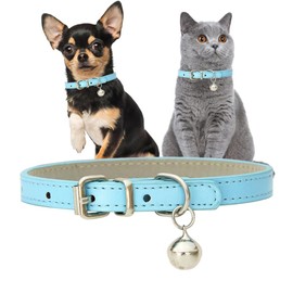Light Blue Dog Collar Bells for Small Dogs, PU Leather XS Dog Collar with Bell Boys Dog Collars for XXS XSmall Small Medium Pet Female Dogs Little Cats Tiny Animals, XS