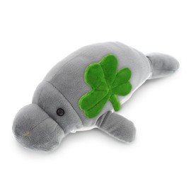 DolliBu Grey Manatee Stuffed Animal with Green Plush Shamrock - Cute Green Shamrock Plush St Patricks Day Stuffed Animal Manatee, Good Luck St Patricks Day Toys for Kids, Baby - 15 Inches