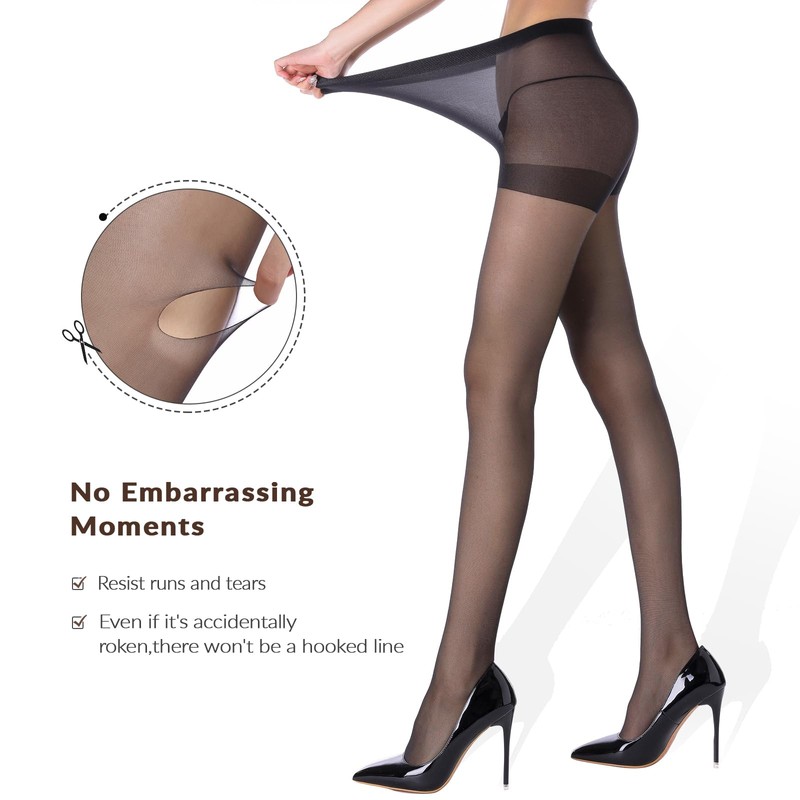 WAKUNA 20D Black Run-Resist Sheer Tights -2 Pairs with Reinforced