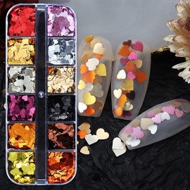 KTAABTR 12 Grids Valentines Day Nail Art Sequins Holographic Glitter 3D Heart Nail Glitter Valentines Day Heart Nail Sequins for Women DIY Manicure Valentines Heart Glitter Nail Decoration