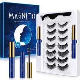 Aosun Magnetic Eyelashes with Eyeliner Kit, 7 Styles, 3D Magnetic Lash Extensions for Natural Look, False False Eyelashes Set, Waterproof, No Glue, Black, Eye Makeup for Cat Eye & Hallow