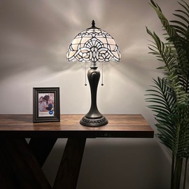 enjoy decor lamps White Stained Glass Table Lamp Baroque Style Bedroom LED Bulbs Included for Living Room Bedroom Bedside 12" W*12" D*22" H