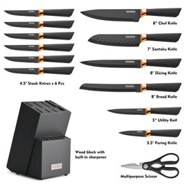 YOSFO Kitchen Knife Set,15 Pcs Knife Set with Block and Sharpener,High Carbon Stainless Steel Ultra Sharp,Dishwasher Safe