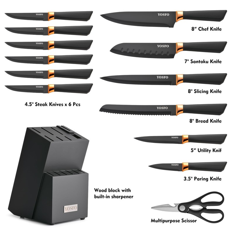 YOSFO Kitchen Knife Set,15 Pcs Knife Set with Block and