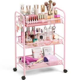TOOLF 3 Tier Rolling Utility Cart - Durable Metal Design Pink Utility Cart, Storage Trolley on Wheels with 3 Hooks, Perfect for Kitchen, Bathroom & Laundry Room Organization