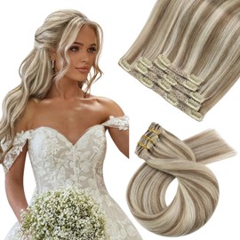 Moresoo Clip in Extensions Human Hair Blonde Highlight 14Inch Double Weft Hair Extensions for Women Clip in Human Hair Light Brown with Blonde Remy Clip in Hair Extensions 5 Pieces 80 Grams