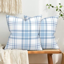 Mondiafy 2 Pack Throw Pillow Covers Soft Touch Plush 18x18 Blue Plaid Cushion Covers Decorative Style Pillow Cases for Sofa Couch Home Decor Decorations(Blue Plaid)