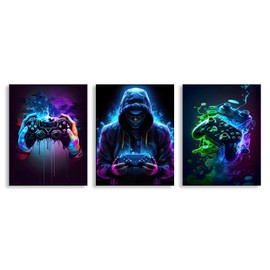 Aroutde 3Pcs Cool Gaming Canvas Wall Art Retro Video Game Watercolor Picture for Gamer Room Decor Colorful Neon Gamepad Painting for Boys Bedroom Game Room Wall Decor 11x14inch Unframed