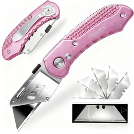 Box Cutter, Folding Utility Knife with Aluminum Handle, Heavy Duty Knife, Back-lock Mechanism, Stainless Belt Clip, for Carpet, Carton, Box, Cardboard, with 5-piece Extra Blades (Pink)