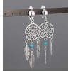 Clip on dream catcher earrings silver with turquoise bead metal