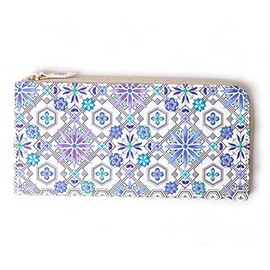Asakusa Bunko L-Shaped Zipper Long Wallet, Hanabishi, Hanabishi Pattern, Slim Wallet, Yuzen Dyed, Leather, Edo Komon, blue