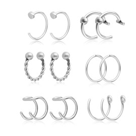 PiercingJak Faux Nose Rings Hoops Set, 12Pcs Stainless Steel Fake Nose Lip Ear Septum Rings Non-Pierced Clip On Cartilage Cuff Earrings Body Jewelry