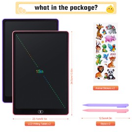 Damcyer 2 Pack 15 Inch LCD Writing Board Children, LCD Magic Board with Animal Stickers, Reusable Drawing Tablet for Children and Adults, Birthday Gifts, Toy, Pink + Purple