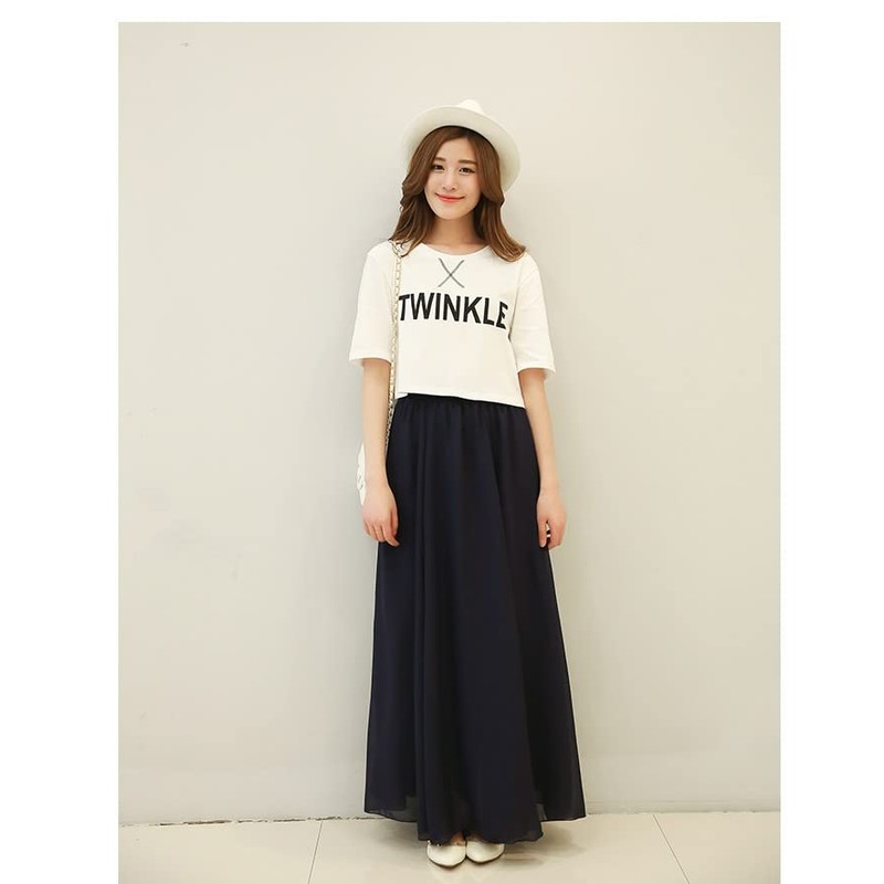 SYVENT Women's Chiffon Maxi Skirt Spring Summer Elastic Waist Lined