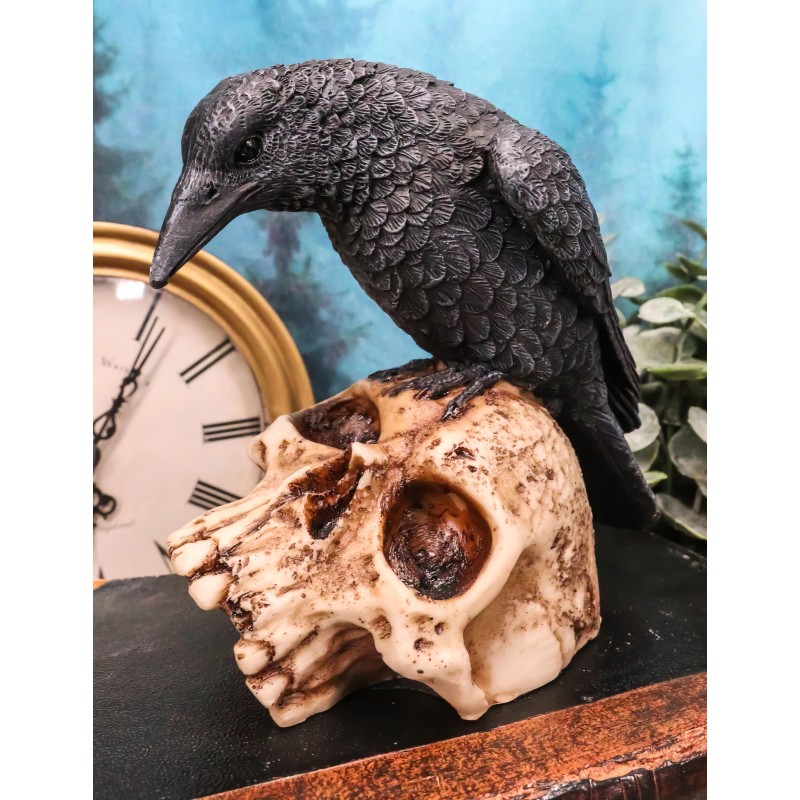 Foreboding Dark Crow Raven On Skull Statue 5"Tall Ossuary Scavenger
