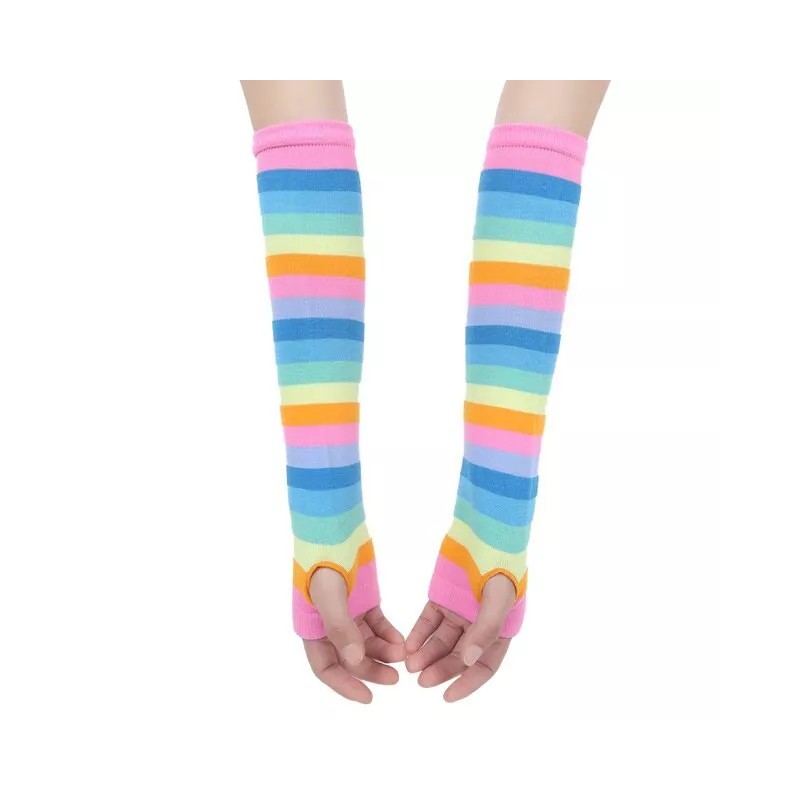 Rainbow Women's Knee High Socks Striped Fingerless Gloves Set