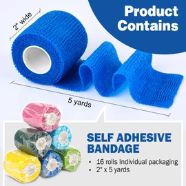 AZEN 16 Pack Self Adhesive Bandage Wrap, 2" X 5 Yards Elastic Cohesive Bandage Wrap, Color Athletic Tape, Vet Wrap, Ankle Tape