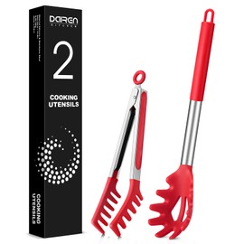 Spaghetti Spoon and Pasta Tong, Non-stick Silicone Spoon Server Fork with teeth and Stainless Steel Handle Spaghetti Tong, Food Clip for Spaghetti Noodle, Red