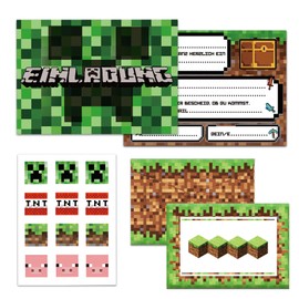 Byhsoep Children's Birthday Invitation Cards with 12 Envelopes, 12 Stickers, Gamer Pixel Motif, German Invitation Cards for Children's Birthday Invitations, Pack of 12