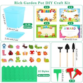 Elcoho 36 Set Garden Plastic Pot Craft Kit Plant Spring Craft Kits for Kids Flower Pots with 150 Foam Stickers 36 Labels 24 Certificate of Awards 3 Tools Planting Growing Kit for Kids, Mixed Colors
