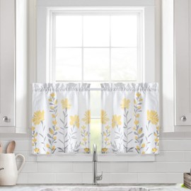Lush Decor Aprile Linen Kitchen Window Curtain Tiers Set, 29" L x 24" W, Yellow & Gray