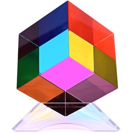 iKeelo Color Cube (50mm) with Stand - Cyan, Magenta & Yellow Subtractive Color Mixing - Mesmerizing Acrylic Prism for Desk Decor, A Fun Conversation Starter