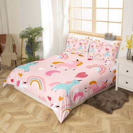 Unicorn Bed Linen Kids Girls Unicorns Duvet Cover 155 x 220 cm for Teenagers Pink Horse Heart Rainbow Bed Linen Animals Motif Bed Linen Colourful with Zip Soft Microfibre