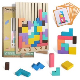 Wooden Tetris Montessori Colourful, Tetris Wooden Game 3D, Montessori Puzzle, Tetris Game with 42 Stones and 10 Challenge Cards, Montessori Toy from 3 Years, Gift for Children