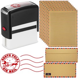 Tenceur North Pole Self Inking Stamp with 100 Pcs Vintage Airmail Stationery Paper Set 50 Lined Sheets and 50 Matching Envelopes Letter Size 8.5 x 11 Inch Signature Stamp for Letter Writing