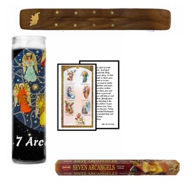 Los Siete Arcangeles Miguel Rafael Gabriel Uriel Barachiel Jehudiel Sealtiel Set de UNA velador con incienso y Postal de rezo laminada Seven Archangels Candle Prayer Card and Incense (English)