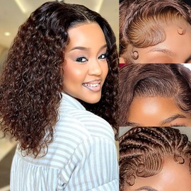 TOYERE Chocolate Brown Bob Wig Human Hair 13x6 Deep Curly Wave Lace Frontal 4# Colored, 200 Density Short Wigs for Women Pre Plucked with Baby Hair Natural Hairline (10 Inch)