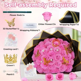 Pink Glitter Roses Bouquet, 36 Pcs Shiny Glitter Flowers Bouquet, Everlasting Artificial Roses Bouquet for Mothers Day, Birthday, Anniversary, Wedding, Engagement, Christmas