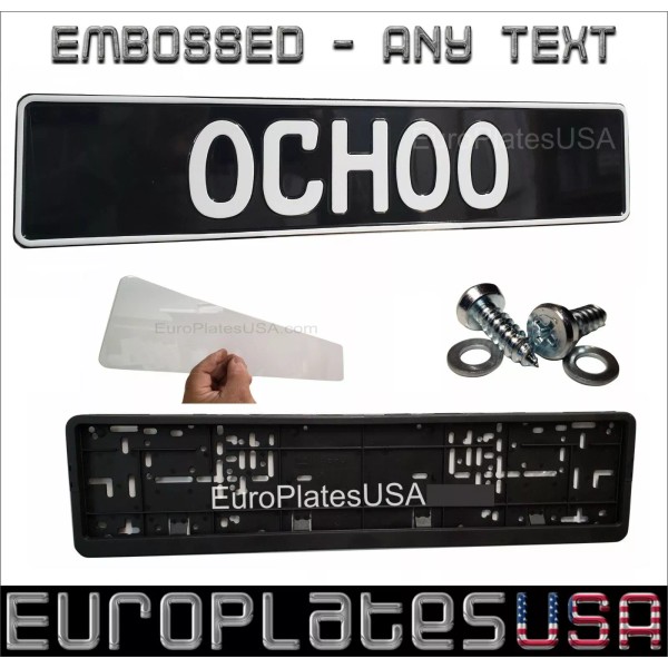 European License Plate Kit - ANY TEXT, EMBOSSED, ALL BLACK