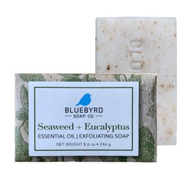 BLUEBYRD Soap Co. Eucalyptus & Seaweed Exfoliating Soap Bar, 100% Vegan Cold Press Large Soap Bars, Scented with Premium Essential Oils, Scrub Soap Bars for Men and Women, Exfoliate Body Naturally with Oatmeal, Shea Butter, Olive Oil, 8.6oz (EUCALYPTUS &