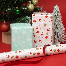 FIEHALA Christmas Mini Wrapping Paper Roll - Reversible Holiday Wrapping Paper(17" X 32.8 Feet) - Pink Santa & Green Pink Snowflakes Patterns