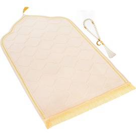 YAZEIN Muslim Prayer Rug with Tasbih Prayer Beads, Soft Memory Foam Prayer Matt Islam, Padded Islamic Prayer Mat Thick for Men and Women, Janamaz, Sajadah (25.6" x 43.3", Beige)